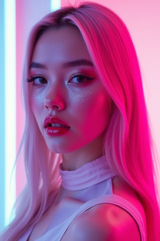 





Prompt: pretty woman, graphics interesting creative effect, white background neon lights, pink lips, glossy shiny reflective lips, long straight hair, snow white skin
