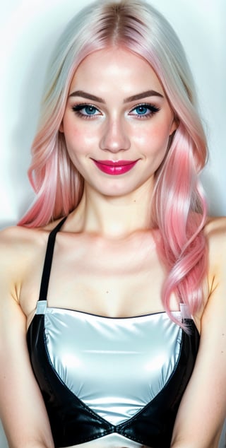 





woman , beautiful face, perfect face, blue eyes fully pink hair, pale white skin, sexy marks, perfect, abstract white and black background, shiny accessories, best quality, clear texture, details, canon eos 80d photo, very little light makeup, reflective costume, smile, upper body