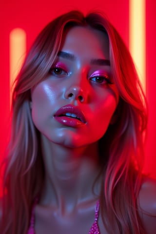 





pretty woman, graphics interesting creative effect, red background neon lights, pink lips, glossy shiny reflective lips, long straight hair, snow white skin