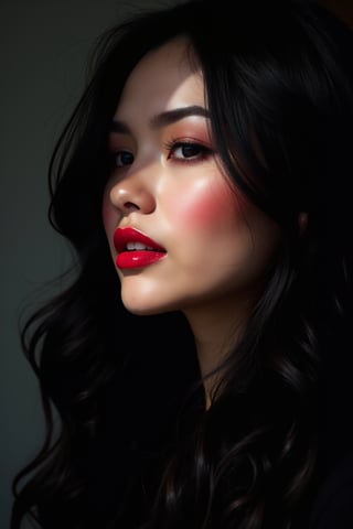 




pretty woman, graphics interesting creative effect, black dark color theme, light skin, red cheeks, , pink lips, glossy shiny reflective lips, long straight hair, looking aside