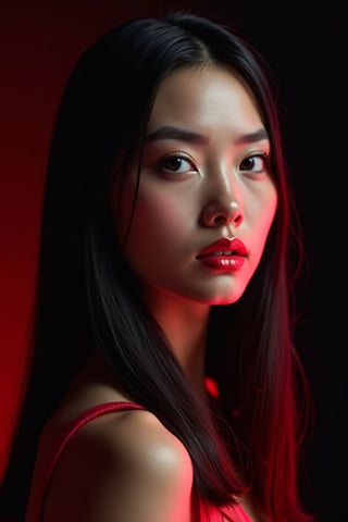 




pretty woman, graphics interesting creative effect, black dark red color theme, light skin, red cheeks, , pink lips, glossy shiny reflective lips, long straight hair, looking aside