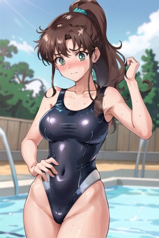 masterpiece, best quality, perfect anatomy, SMJupiter, SMJupiterOutfit, brown ponytail, cowboy shot, standing, outdoors, ((distressed, blushing, shy)) ( swimsuit: 1.5) pool, wet, sensual pose