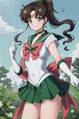 masterpiece, best quality, absurdres, perfect antomy, SMJupiter, SMJupiterOutfit, green sailor collar, green skirt, sailor senshi uniform, ponytail, smile, cowboy shot, standing, outdoors