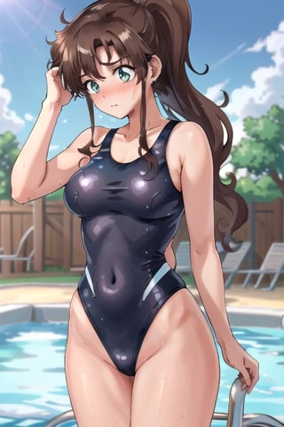 masterpiece, best quality, perfect anatomy, SMJupiter, SMJupiterOutfit, brown ponytail, cowboy shot, standing, outdoors, ((distressed, blushing, shy)) ( swimsuit: 1.5) pool, wet, sensual pose, back