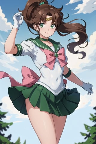 masterpiece, best quality, perfect antomy, SMJupiter, SMJupiterOutfit, green sailor collar, green skirt, senshi sailor uniform, brown ponytail, smile, cowboy shot, standing, outdoor, wind skirt, clothing inside