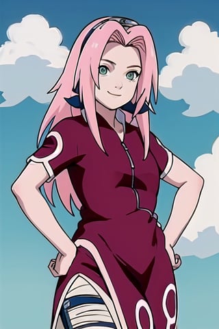 masterpiece, best quality, 1girl,haruno sakura, pink hair, long hair, green eyes, forehead protector, smile, hands on hips, blue sky, cloud, hidden village 