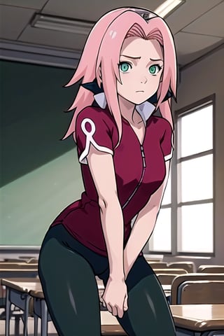 masterpiece, best quality, self criticism: 1.5 haruno sakura, pink hair, long hair, green eyes, black lycra, red blouse, sensual pose, henta, classroom