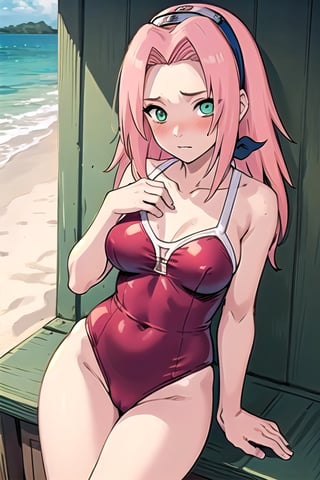 masterpiece, best quality, (self review: 1.5), haruno sakura, pink hair, long hair, green eyes, red swimsuit, beach, sea sexy pose, blushing