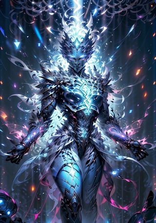 Humanoid creature of feminine appearance, with a short torso, fleshy legs, (composed of translucent crystals, inside luminous energy running through the body, the outer layer of the crystal that makes up the body looks solidified and in the form of plates, as if it were a armor attached to the body, with elaborate designs that allow fluid movement (light energy that resembles a human hair comes out of his head), he has a face similar to a human, with large and beautiful glowing eyes, full of light energy, a nose-like silhouette and beautiful feminine full lips. Levitates just a few centimeters off the ground due to electric fields. (super detailed face, super detailed body),