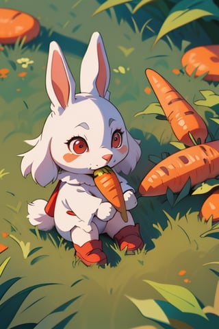 baby rabbit, white fur, red eyes. sitting on the grass eating a carrot. holding the carrot with his hands.