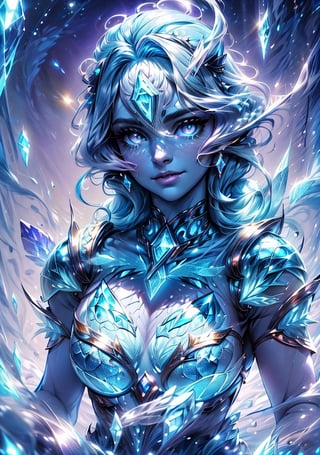 super detailed image, HD, 4k, face image, humanoid creature of feminine appearance, composed of translucent crystals of light blue color, inside luminous energy running through its body. Scales on its neck made of opaque, dark, solid glass in the form of plates, as if it were armor attached to the body, with elaborate designs that allow fluid movement. What appears to be hair is condensed energy with a gelatin-like texture, shiny and continually moving as if under water. It has a human-like face, big bright violet eyes, full of light energy, a nose-like silhouette, beautiful feminine full lips, (super detailed face, super detailed body),