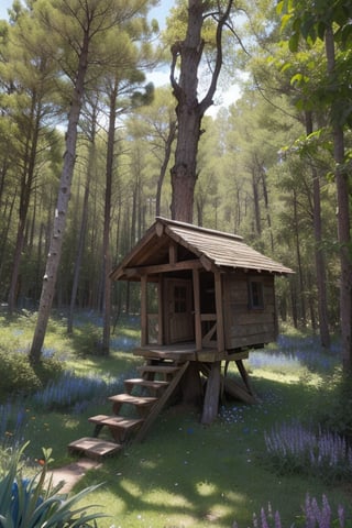 bosque frondoso con pasto alto. terreno ascendente con un tronco caido con hongos en el tronco. bajo el tronco una madriguera de conejo y flores pequeñas azules. fuera de la madriguera un conejo azul (foco de imagen) comiendo pasto con tres conejos bebes