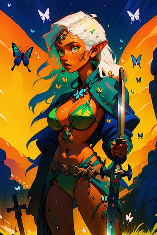 1 girl, orange skin, white hair, green eyes, big fey ears, from waist up, sword and sorcery, warrior, holding an axe, long_hair, side leak bronze_bikini,High detailed,fantasy,butterfly_top