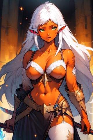 1 girl, orange skin, white hair, green eyes, big fey ears, from waist up, sword and sorcery, warrior, holding an axe, long_hair, bronze lingerie,High detailed,fantasy,spartanarmor,slfg cloth