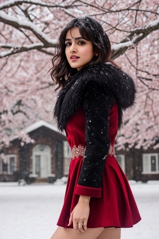 photorealistic,  masterpiece,  best quality,  raw photo, hot  Indian model Shirley setia , beautiful black hair, trendy red Christmas dress with fur, looking gorgeous, model pose , snow falling on Sakura tree background, playing with snow ,  intricate detail,  detailed skin,  highres,  hdr,