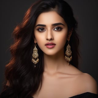 (8k, RAW photo, best quality, masterpiece:1.2),(realistic, photo-realistic:1.37),gorgeous Indian model Shirley setia , solo, jewelry, earrings, black hair, long hair, looking at viewer, black eyes, realistic, makeup, upper body, black background, breasts, red lips, collarbone, simple background, cleavage, eyeshadow, multicolored hair 