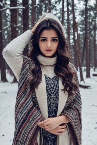 photorealistic,  masterpiece,  best quality,  raw photo, hot  Indian model Shirley setia , beautiful black hair, trendy winter wear, looking gorgeous , snow fall forest background ,  intricate detail,  detailed skin,  highres,  hdr,