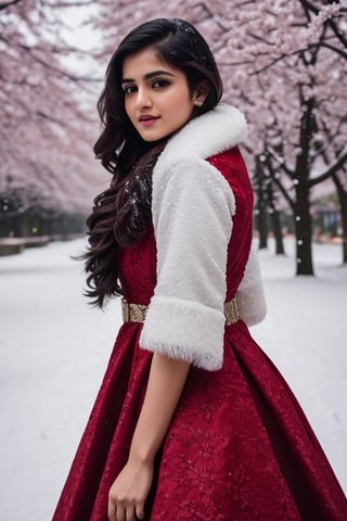 photorealistic,  masterpiece,  best quality,  raw photo, hot  Indian model Shirley setia , beautiful black hair, trendy red Christmas dress with fur, looking gorgeous, model pose , snow falling on Sakura tree background, playing with snow ,  intricate detail,  detailed skin,  highres,  hdr,