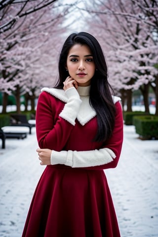 photorealistic,  masterpiece,  best quality,  raw photo, hot  Indian model Shirley setia , beautiful black hair, trendy red Christmas dress with fur, looking gorgeous, model pose , snow falling on Sakura tree background, playing with snow ,  intricate detail,  detailed skin,  highres,  hdr,