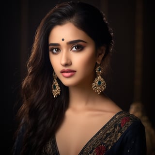 (8k, RAW photo, best quality, masterpiece:1.2),(realistic, photo-realistic:1.37),gorgeous Indian model Shirley setia , solo, jewelry, earrings, black hair, long hair, looking at viewer, black eyes, realistic, makeup, upper body, black background, breasts, red lips, collarbone, simple background, cleavage, eyeshadow, multicolored hair, game of thrones cinematic 