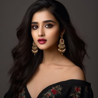 (8k, RAW photo, best quality, masterpiece:1.2),(realistic, photo-realistic:1.37),gorgeous Indian model Shirley setia , solo, jewelry, earrings, black hair, long hair, looking at viewer, black eyes, realistic, makeup, upper body, black background, breasts, red lips, collarbone, simple background, cleavage, eyeshadow, multicolored hair 