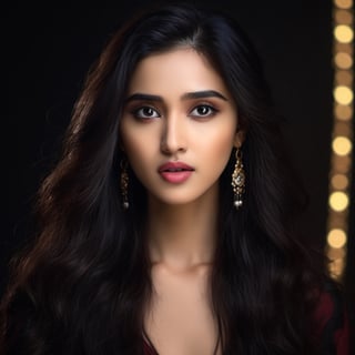 (8k, RAW photo, best quality, masterpiece:1.2),(realistic, photo-realistic:1.37),gorgeous Indian model Shirley setia , solo, jewelry, earrings, black hair, long hair, looking at viewer, black eyes, realistic, makeup, upper body, black background, breasts, red lips, collarbone, simple background, cleavage, eyeshadow, multicolored hair, game of thrones cinematic 