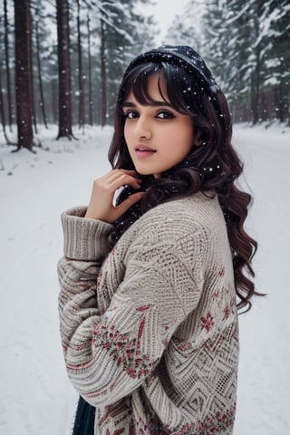 photorealistic,  masterpiece,  best quality,  raw photo, hot  Indian model Shirley setia , beautiful black hair, trendy winter wear, playing with snow , snow fall forest background ,  intricate detail,  detailed skin,  highres,  hdr,