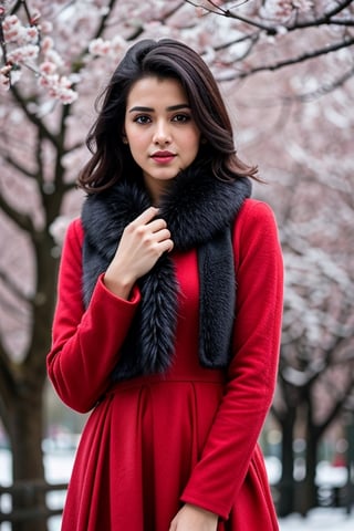 photorealistic,  masterpiece,  best quality,  raw photo, hot  Indian model Shirley setia , beautiful black hair, trendy red Christmas dress with fur, looking gorgeous, model pose , snow falling on Sakura tree background, playing with snow ,  intricate detail,  detailed skin,  highres,  hdr,