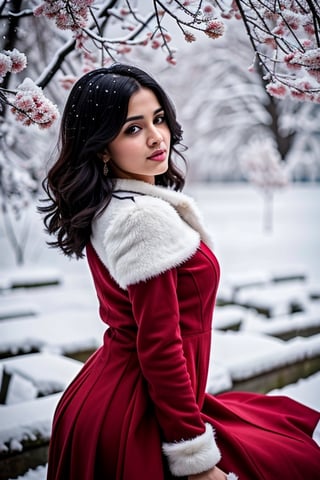 photorealistic,  masterpiece,  best quality,  raw photo, hot  Indian model Shirley setia , beautiful black hair, trendy red Christmas dress with fur, looking gorgeous, model pose , snow falling on Sakura tree background, playing with snow ,  intricate detail,  detailed skin,  highres,  hdr,