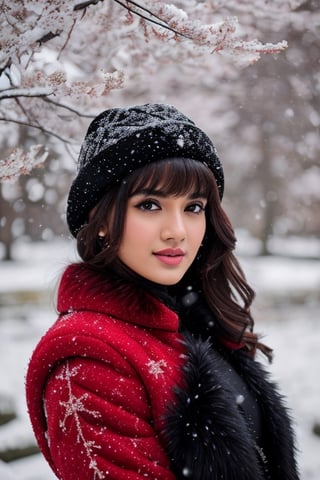 photorealistic,  masterpiece,  best quality,  raw photo, hot  Indian model Shirley setia , beautiful black hair, trendy red Christmas dress with fur, looking gorgeous, model pose , snow falling on Sakura tree background, playing with snow ,  intricate detail,  detailed skin,  highres,  hdr,