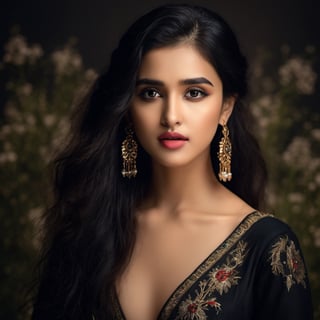 (8k, RAW photo, best quality, masterpiece:1.2),(realistic, photo-realistic:1.37),gorgeous Indian model Shirley setia , solo, jewelry, earrings, black hair, long hair, looking at viewer, black eyes, realistic, makeup, upper body, black background, breasts, red lips, collarbone, simple background, cleavage, eyeshadow, multicolored hair, game of thrones cinematic 