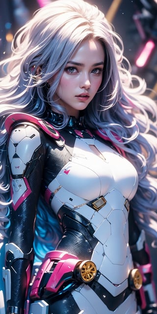 Best picture quality, high resolution, 8k, realistic, sharp focus, realistic image of elegant lady, supermodel, pure white hair, blue eyes, wearing high-tech cyberpunk style blue Batgirl suit, radiant Glow, sparkling suit, mecha, perfectly customized high-tech suit, ice theme, custom design, 1 girl,swordup, looking at viewer,JeeSoo 