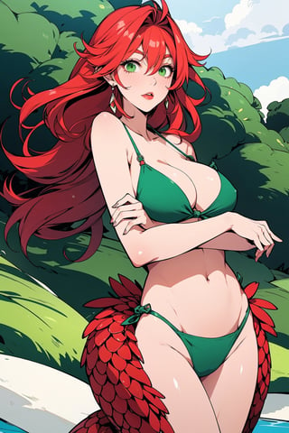 1girl, solo, long hair, swimsuit, bikini, red hair, monster girl, nature, bikini top only, scales, green bikini, lamia