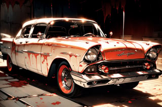 A photo realistic image of a complete rusted, four-door, (((blood red))), (((1958 Plymouth Fury))) in an old garage full of tools, night, focus on the intricate details of its faded paint job, the wear and tear on the tires, and the aged textures of the metal body. Use the multi-prompt "car::photorealistic::rust" with a prompt weighting of "rust" to emphasize the aged textures and worn out look of the car, car,photo r3al