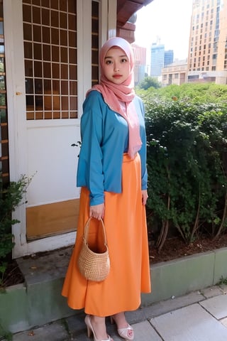 Orange color, 1 girl, solo, hijab, looking at viewer, natural, no make_up,
Hanbok, heels, toothbag
Standing,
City, outside,
,Masterpiece,H3NUY 