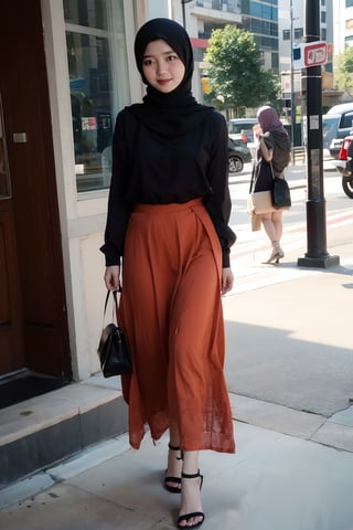 Orange color, 1 girl, solo, hijab, looking at viewer, natural, no make_up,
Long Dress, heels, toothbag, watch 
Standing,
Seoul, City, outside,
,Masterpiece,H3NUY ,R15M 