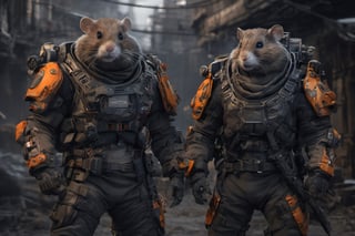 4K, 8K, masterpiece, perfect focus, in_focus, clear focus, best quality, insanely realistic, life like photo, long shot of squad of hamsters futuristic guns raised sneaking into a human base in a jungle at night like in the movie act of valor, hamsters shooting sci-fi guns, hamsters aiming rifle, act of valor, genji armor, YAKEDA Full Protection Tactical Tank Top, bomb suit, flak jacket, cloak, jungle camo armor pattern with neon orange trim, soldier pants on hamsters, holding glowing lightning sword, aiming guns, firing guns, sci-fi open faced hamster helmet, hamsters with cyberpunk headgear, full body armor, weapon master, sword in hand, sword neon glow, neon wrist weapons, bulky weathered space marine armor, perfect eyes, vengeful amber eyes, insanely detailed eyes, hyper realistic eyes, glassy eyes, 4k eyes, sci fi daggers on body, leader sword in hand, leader pistol in hand, leader shotgun, grenades, ultra detailed, flak armor, full body armor, super ripped hamsters, huge muscles, neck protection armor, astronaut helmet on hamsters, hamster with translucent visored helmet, sci fi helmets, tan weathered and ripped cloaks, cyberpunk armor, enforcer armor, full sci-fi plate armor, bandoliers, hamsters throwing grenades, hamster raising fist, super muscular hamsters, artificially enhanced hamsters, intricately detailed guns, hyper detailed guns, intricately detailed weapon detail, guns shouldered, all faces hyper realistic, first two rows faces hyper realistic, Sci fi guns, grumpy gorilla, leader weapon in hand, warrior, warrior armor, leader weathered red matter power suit armor, leader bulky armor, leader detailed eyes, hyper detailed eyes, Extremely detailed face, movie quality face, with a gun, sci-fi armor, cyborg armor, Extremely detailed armor, cyberpunk gasmask, armor glowing trim, helmets, radiance, attack stance, combat stance, rifle, raised, pistol raised, random expression, Congo-apes, Billy ape, helmets with face, flak_jackets, juggernaut armor, enforcer, torches in hand, torches, cinematic fire, chest armor, chest armor, shin_ armor, battle belts, tools on belt, bandolier, modern body armor, tech gauntlet, wrist armor, weapons, weapons in hand, weapons on back, the end of humanity, hammers, perfect faces, interesting expressions, natural skin, textured skin, hyper detailed faces, Extremely detailed faces, pores, Extremely detailed weapons, Extremely detailed bodies, planet of the hamsters, HIGH resolution, SUPER resolution, HYPER resolution, HD resolution, BEAUTIFUL, neon signs, Extremely detailed fur, photorealistic fur, Caesar from planet of the hamsters