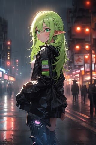 masterpiece, best quality, elf, rena erindel, 1girl , {{techwear}}, short latex open jacket, dark hoodie, metal combat suit , bangs, {{light yellowish green hair}}, {{long hair}}, messy hair, hair between eyes , medium breasts, short pointyears, beautiful detailed darkolivegreen tech cyborg eyes , dirty cyborg, broken cyborg, expressionless , {{shiny skin}}, {{{{cyberpunk}}}}, kowloon, night, small rain, fog, neon, warframe , extremely detailed, {{{masterpiece}}}, best quality, illustration