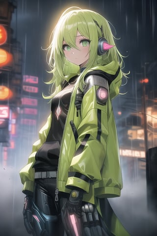 masterpiece, best quality, elf, rena erindel, 1girl , {{techwear}}, short latex open jacket, dark hoodie, metal combat suit , bangs, {{light yellowish green hair}}, {{long hair}}, messy hair, hair between eyes , medium breasts, short pointyears, beautiful detailed darkolivegreen tech cyborg eyes , dirty cyborg, broken cyborg, expressionless , {{shiny skin}}, {{{{cyberpunk}}}}, kowloon, night, small rain, fog, neon, warframe , extremely detailed, {{{masterpiece}}}, best quality, illustration