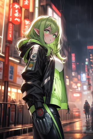 masterpiece, best quality, elf, rena erindel, 1girl , {{techwear}}, short latex open jacket, dark hoodie, metal combat suit , bangs, {{light yellowish green hair}}, {{long hair}}, messy hair, hair between eyes , huge large breasts, short pointyears, beautiful detailed darkolivegreen tech cyborg eyes , dirty cyborg, broken cyborg, expressionless , {{shiny skin}}, {{{{cyberpunk}}}}, kowloon, night, small rain, fog, neon, warframe , extremely detailed, {{{masterpiece}}}, best quality, illustration