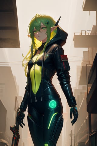 masterpiece, best quality, elf, rena erindel, 1girl , {{techwear}}, short latex open jacket, dark hoodie, metal combat suit , bangs, {{light yellowish green hair}}, {{long hair}}, messy hair, hair between eyes , medium breasts, short pointyears, beautiful detailed darkolivegreen tech cyborg eyes , dirty cyborg, broken cyborg, expressionless , {{shiny skin}}, {{{{cyberpunk}}}}, kowloon, night, small rain, fog, neon, warframe , extremely detailed, {{{masterpiece}}}, best quality, illustration