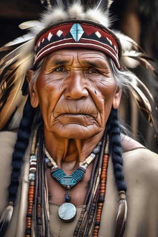 an old American Indian shaman, looking straight at camera, High quality, insanely detail, HDR , 4K