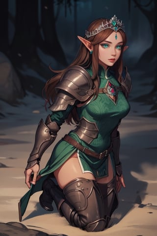 long_hair, 4k resolution, highly detailed face, highly detailed green eyes, show full body, brown_hair, elven female cleric, armoured_dress, armored_boots, earrings, tiara, jewelry, 1girl, sexy