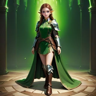 4k, masterpiece, super detailed face, super detailed green eyes,  full_body, feet, hands,  elven female cleric, 1girl, brown_hair,  armored_dress, armored_boots, standing, full_body, 