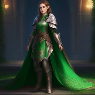 4k, masterpiece, super detailed face, super detailed green eyes,  full_body, feet, hands,  elven female cleric, 1girl, brown_hair,  armored_dress, armored_boots, standing, full_body, 