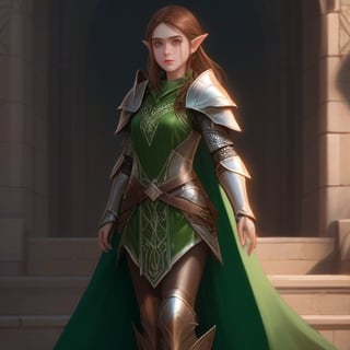 4k, masterpiece, super detailed face, super detailed green eyes,  full_body, feet, hands,  elven female cleric, 1girl, brown_hair, elinalise, armored_dress, armored_boots, standing, full