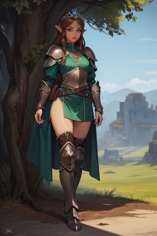 long_hair, 4k resolution, highly detailed face, highly detailed green eyes, show full body, brown_hair, elven female cleric, armoured_dress, armored_boots, earrings, tiara, jewelry, 1girl, sexy