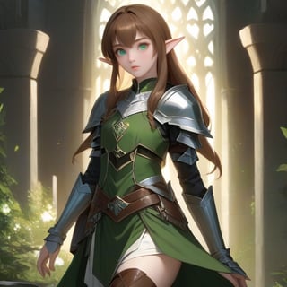 4k, masterpiece, super detailed face, super detailed green eyes,  full body show, feet, hands,  elven female cleric, 1girl, brown_hair, elinalise, armored_dress, armored_boots, standing