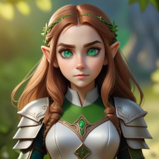 4k, masterpiece, super detailed face, super detailed green eyes,  full_body, feet, hands,  elven female cleric, 1girl, brown_hair,  armored_dress, armored_boots, standing, full_body, 