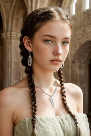 An 18 yr old extremely attractive girl,  (pale white skin),  (perfect light green eyes),  (long double braided dark blond hair),  ((european teen),  soothing tones,  muted colors,  high contrast,  (natural skin texture,  hyperrealism,  soft light,  sharp),  (see-through:1.1),  strapless sexy summer dress,  jewel necklace,  silver earrings, ((old castle interior))
